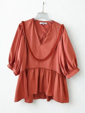 Boho Chic Peasant Top in Orange/Rust - Ruffle V-Neck Peplum - SZS